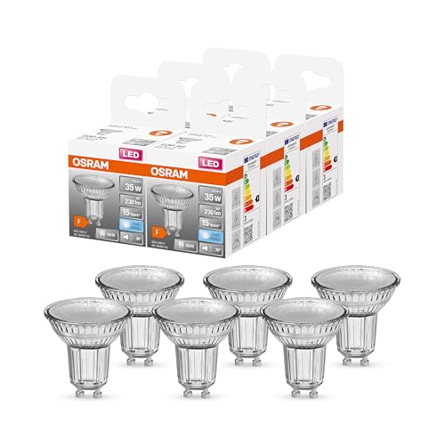 OSRAM Lamps PAR16 LED Reflektorlampe mit GU10 Sockel, Kaltweiss (4000K), Glas Spot, 2.6W, Ersatz für 35W-Reflektorlampe, LED STAR PAR16, 6er-Pack, White