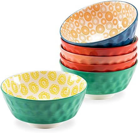 Henten Home Salad Bowls Set of 6, 30oz Porcelain Cereal Bowl - 850ML, Large Serving Bowls for Eating, Ceramic Dinner Dish Bowls, Microwave and Dishwasher Safe - Colourful Bowls