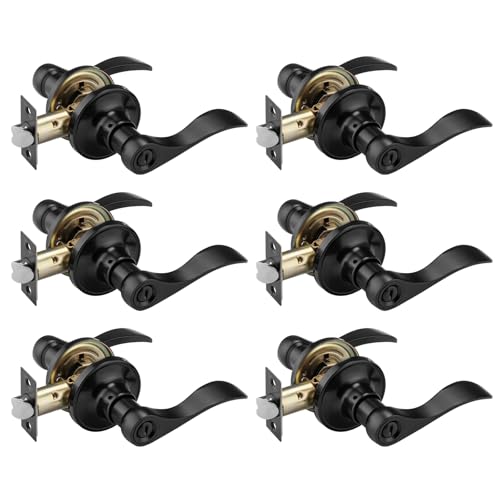 NCL 6 Pack Black Door Handle Interior, Wave Door Lever Door Knob with Lock, Privacy Door Handle for Bath & Bedroom