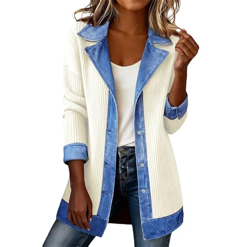 Womens Corduroy Button Down Jacket Casual Long Sleeve Jean Shirts Oversized Denim Patchwork Tops Jackets Shackets