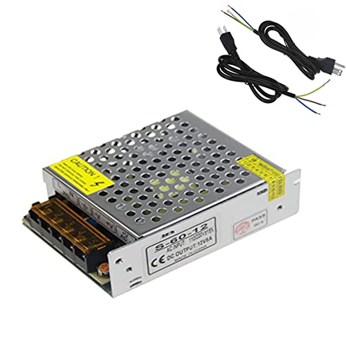 ALITOVE 12V 5A 60W Power Supply Adapter Universal Regulated Switching Transformer with 2-Pack 3.8ft 18 AWG 3 Prong 250V 10A Universal AC Power Supply Cable