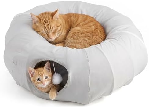 CALIYO Katzentunnel, 2 in 1 Katzentunnel Rund für Wohnungskatzen mit Bett, Donut Form, für Kleine Große Katzen
