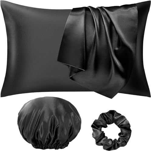 Seiwohl Satin Pillowcases for Hair and Skin 2 Pack & Satin Hair Scrunchie and Bonnet Set, Silky Pillow Cases with Envelope Closure, Beige, Standard Size 50x75 cm