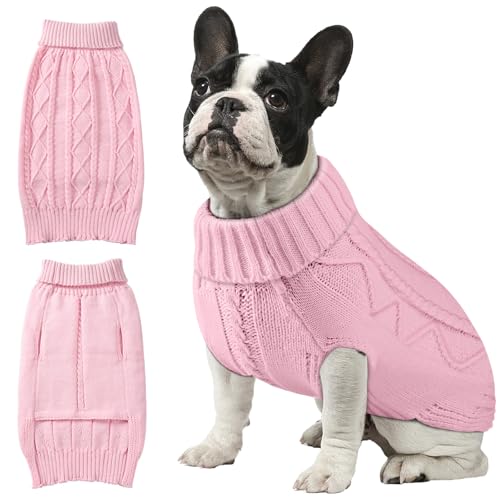 Image of Dog Sweaters for Small Medium Large Dogs Cats, Soft Warm Turtleneck Pullover Solid Cable Knit Fleece Stretch Pet Clothes,Classic Fuzzy Coat for Puppy Girl Boys for Fall Winter（Christmas Red, Small）