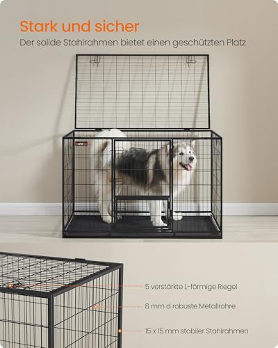 Feandrea Haustierkäfig hochbelastbar, Gitterbox, transportabel, 139 x 79 x 87 cm, für mittelgroße, große Tiere, sicher, 2 abnehmbare Türen, XXXL, tintenschwarz PPD004B01