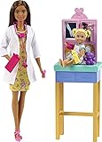 Barbie Pediatrician Playset, Brunette Doll (12-in), Exam Table, X-ray, Stethoscope, Tool, Clip Board, Patient Doll, Teddy Bear, Great Gift for Ages 3 Years Old & Up
