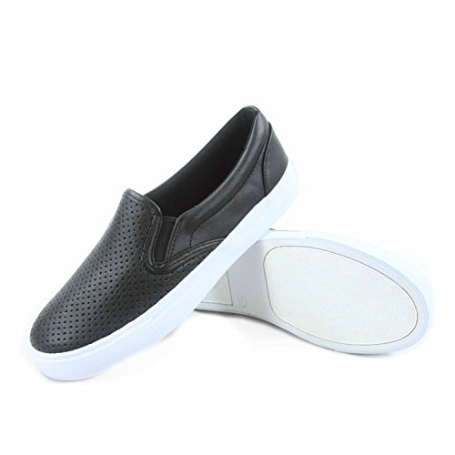 Soda Tracer-S Women's Cute Perforated Slip On Flat Round Toe Sneaker Shoes,Black Pu,6.5