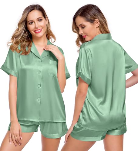 Image of LecGee Womens Silk Satin Pajamas Short Sleeve Loungewear Two-Piece Sleepwear Button-Down Pj Set