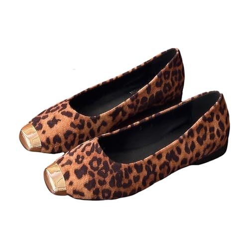 ZQW Women’s Leopard Print Ballet Flats Metal Square Toe Elegant Office Shoes Comfort Commute Wear Daily Work Slip On Shoes