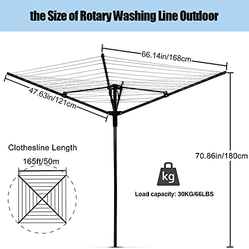 tonchean Rotary Washing Line 50m Heavy Duty with Ground Spike and Cover, 4 Arm Folding Clothes Lines for Outside, Whirlygig Washing Line Outdoor Garden Rotating Clothes Airer Dryer Black - Image 3