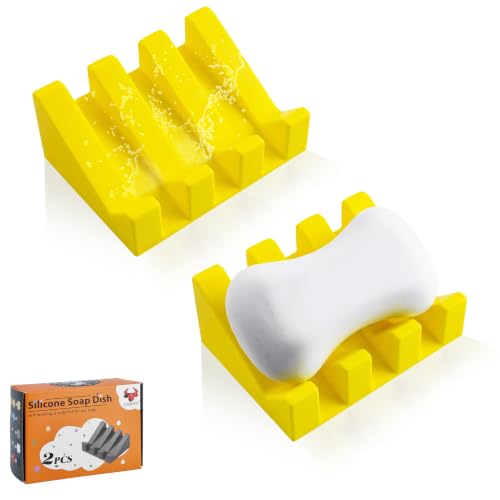 Coipdfty Self Draining Soap Dish Holder,Silicone Soap Dish,for Bathroom,Kitchen, Sponges，Can Extend Soap Life，Keep Soap Bars Dry and Easy Cleaning (Yellow,2-Pack)