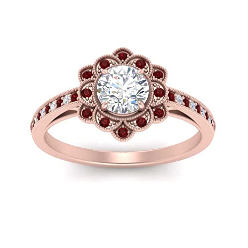 Image of 55Carat Choose Your Gemstone Milgrain Floral Halo Diamond CZ Ring Rose Gold Plated Round Shape Halo Engagement Rings Everyday Jewelry Wedding Jewelry Handmade Gifts for Wife US Size 4 to 12