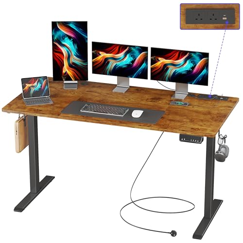 JOISCOPE Height Adjustable Desk, 140cm Electric Standing Desk with Power Outlets and USB & Tpye-C, Home Office Desks & Workstation, Easy Assemble Gaming Desk, Rustic Brown