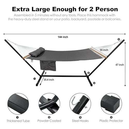 GAFETE 2 Person Hammock with Stand for Outside, Heavy Duty Steel Stand, 55inch Double Hammocks, Large Removable Pillow, Storage Bags, Max 475 lbs Capacity (Haze Gray) by gafete - Image 3