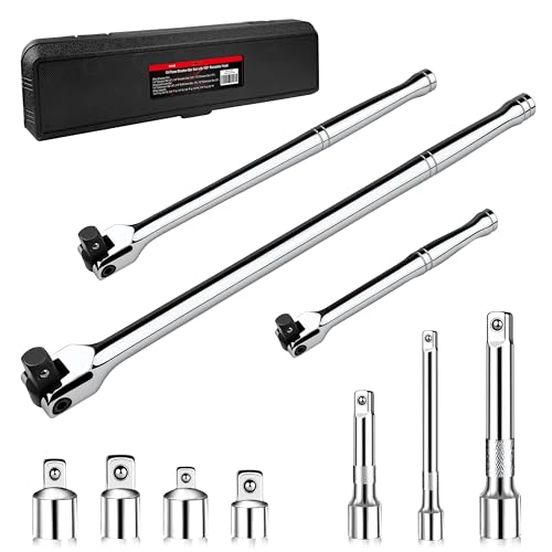 WETT 10-Piece Breaker Bar Set with 180° Rotatable Head, 1/4'', 3/8'' and 1/2'' Drive, Heavy Duty Breaker Bars with Extension Bars and Adapters, 6'', 10'' & 15'' Length, CR-V Steel