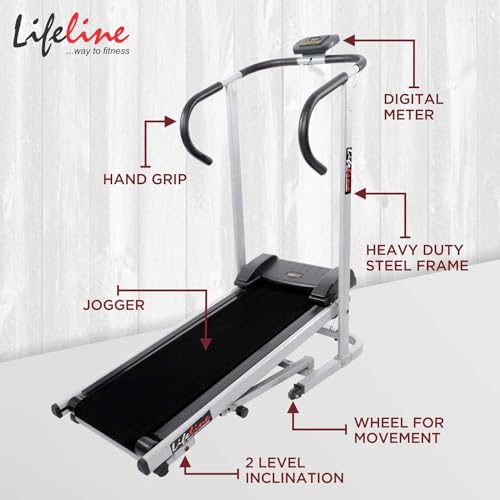 Image of Life Line Fitness LT-201 Manual Treadmill with Free Push up /Sit up Exercise Bar Assist, Home Gym Cardio Workout, 2 Level Inclination, Foldable & Space Saving Treadmill