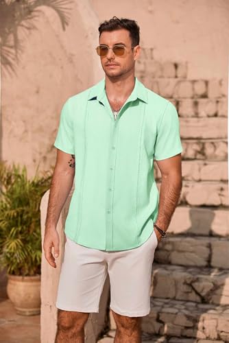 COOFANDY Men's Cuban Guayabera Summer Beach Short Sleeve Casual Vacation Wedding Shirt3