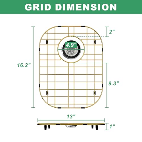 Golden Kitchen Sink Rack,16.2”x13” Sink Protector for Kitchen Sink with Rear Drain,Stainless Steel Sink Grate with Strainer, Metal Sink Grid with Corner Radius 3-1/2" for Bottom of Sink,1 pack by WEJIPP - Used condition - Image 3