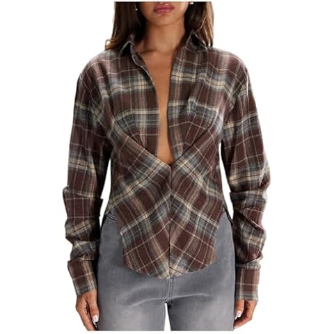 Floerns Women's Plaid Button Down Shirts Collared Long Sleeve Casual Blouse Top Brown Medium Cover