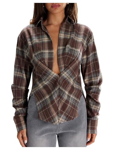 Floerns Womens Plaid Button Down Shirts Collared Long Sleeve Casual Blouse Top Brown Small