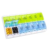 AM PM Pill Box (2 Times a Day) , 7 Day Weekly Pill Organizer with Push Button Design for Travel and Home, Green Blue Pill Case for Vitamins, Fish Oil, Supplements