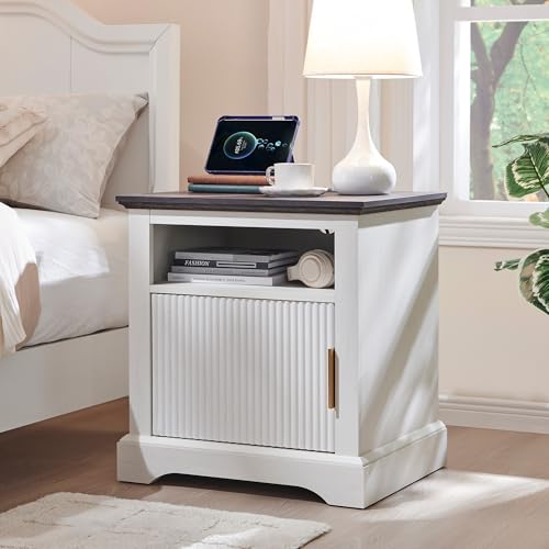 wow97e 22" Large Fluted Nightstand with Charging Station, Modern End