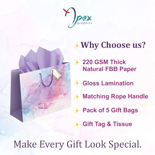 Image of Apex Graphics Large Gift Bags - Purple Paper Bags for Gifting with Tissue and Tag - Carry Bags for Return Gift Birthday Wedding Party - 14 x 10.5 x 4 Inch - Pack of 5