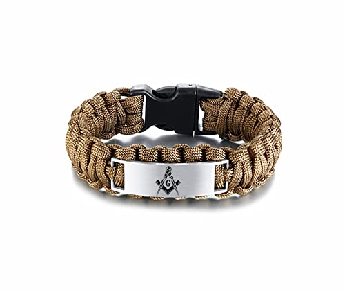 Kbnsuian Outdoor Indoor Handmade Braided Wrap Men's Masonic Survival Paracord Bracelet, Mason Emblems Cuff Bangle Wristband For Man, Freemason Membership Jewelry For Masonry,Brown,9 Inches #TOP4