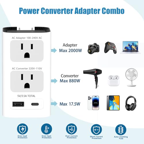 Mapambo Upgraded 2000W 220V to 110V Voltage Converters US to Europe Power Converter for Europe Combo with 1 USB A and 1 USB C International Travel Adapter for Hair Dryer - Thumbnail 5
