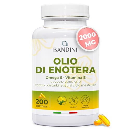 Bandini® Olio di Enotera 2000mg, Antiossidante per Pelle, Capelli e Unghie, 200 Softgels, Utile per Equilibrio Ormonale, Menopausa, Contrasta i Disturbi del Ciclo Mestruale, Integratore Donne, No OGM