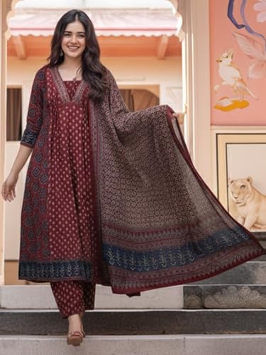 Image of ASSUME FAB Women's Blue Viscose Ajrakh Print Anarkali Kurta with Pant & Dupatta Set | Ethnic V-Neck Flared Salwar Suit for Wedding