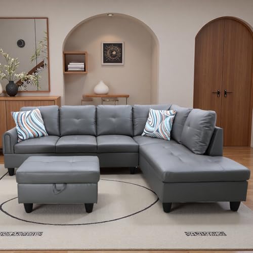 Topcomfy 97.5 L Shaped Couch Set, Modular Sectional Couches for Living Room with Storage Ottoman, 4 Seat Home Sofa Living Room Furniture Sets with Chaise for Apartment Office (Faux Leather, Grey)