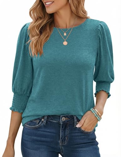 Aottori Shirt Damen 3/4 Arm Tshirt mit Puffärmeln Sommer T-Shirt Oberteile Rundhals Pullover Tunika Bluse Elegant Basic Lose Tops