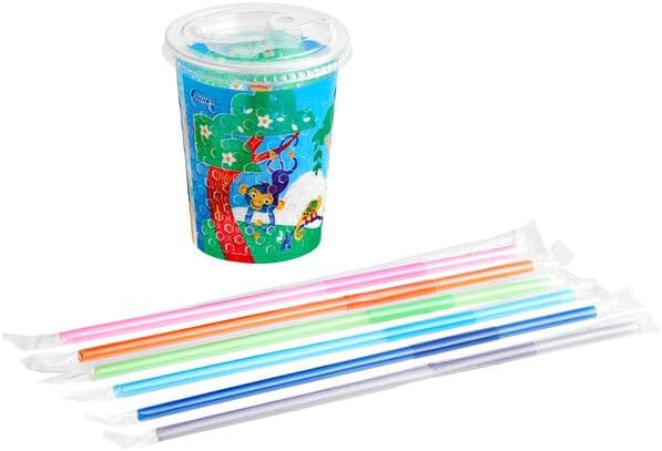 Clear Plastic Kids Cup with Jungle Print Design, 12 oz, Round Shape, Disposable Lid with Straw Slot and Straw, 250 per Case