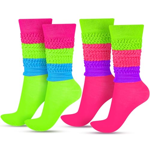 JenPen 2 Pairs Neon Slouch Socks for Women 80s 90s Scrunch Knee High Socks Forfor 80s 90s Party Extra Long(Rose Red Purple Fluorescent Green Blue)