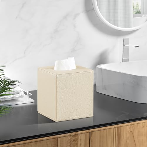 JLAMBOM PU Leather Tissue Box Cover Square Tissue Box Holder with Magnetic Closure, Decorative Tissue Holder for Bathroom Bedroom Office (Beige) by JLAMBOM - Image 2