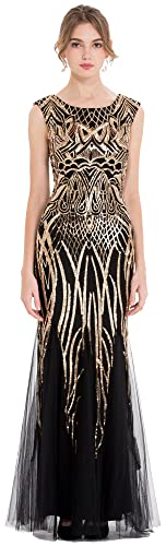 Angel-Fashions Women's Pattern Sequin Bateau Cap Sleeve Flapper Mermaid Evening Dress X-Large Gold Black #TOP23