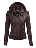 Lock and Love LL WJC1044 Women’s Faux Leather Moto Biker Jacket with Removable Hood – Zip Up Short Coat with Pockets, Fall Fashion Outerwear XXL Coffee