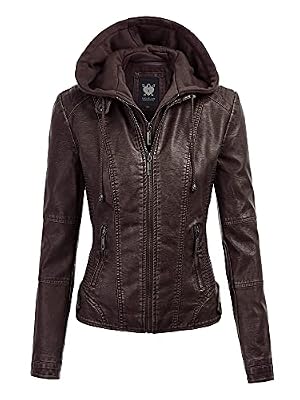 Lock and Love LL WJC1044 Women’s Faux Leather Moto Biker Jacket with Removable Hood – Zip Up Short Coat with Pockets, Fall Fashion Outerwear XXXL Coffee