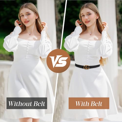 Women Reversible Leather Belt with Fashion G Gold Buckle for Dresses, Jeans, and Coats,width 0.9"3