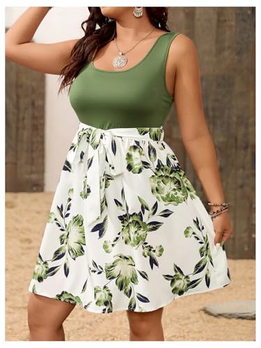 SOLY HUX Women's Plus Size Floral Tank Dress Sleeveless Square Neck A Line Flowy Belted Summer Short Dresses3