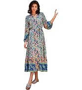 R.Vivimos Women's Long Sleeve Boho Midi Dress V Neck Floral Print Casual Button Down Loose Ruffle...