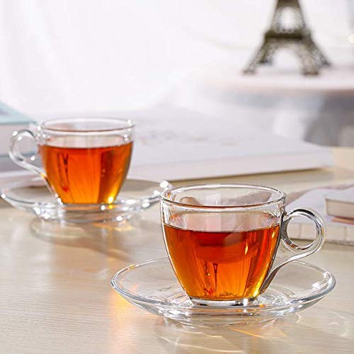 Image of KELVEE New Crystal Clear Classic Glass Tea & Coffee Cup and Saucer Set, for Latte Cappuccino Espresso Mocha and More, (6 Cups and 6 Saucers) - Pack of 12 (Honey)