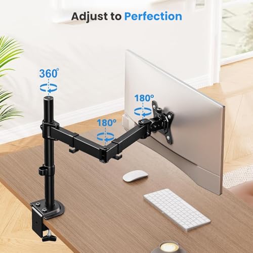 Image of Dyazo Single Monitor Desk Mount Stand | Height Adjustable Fully Articulating Arm for 13-32 Inch Screens | VESA 75x75 /100x100 Compatible | Tilt & Rotate Monitor Holder with C-Clamp /Grommet Base (Black)