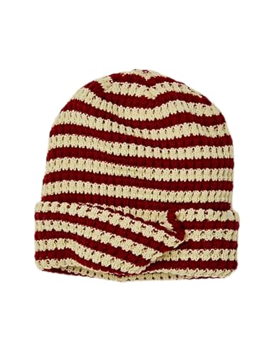 Yeokou Women Stripe Beanie Cuffed Rollup Skull Cap Fall Winter Casual Warm Stretchy Knit Hat(WineRed-OneSize)