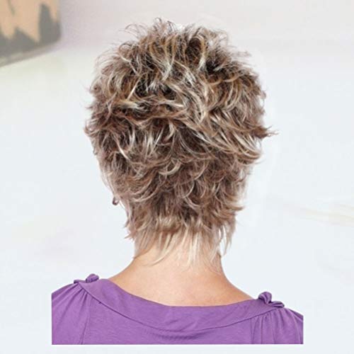 LEORX Peruca feminina curta encaracolada de fibra natural com aparência natural, marrom misturado co