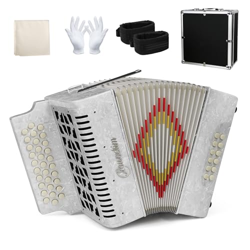 Accordion - 31 Keys, 12 Bass Professional Diatonic, Premium Portable Button Accordion for Adults & Beginners with Thick Protective Case (White)
