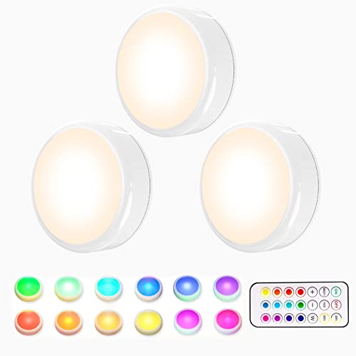 HELPLEX LED Puck Lights with Remote, 3 Pack Color Changing RGBW Stick-On Light, Battery Powered, Dimmable Under Cabinet Lighting with Timer & Memory, Wireless Push Lights for Kitchen & Closet by HELPLEX - Used condition - US$11.21