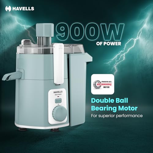 Image of Havells Hexo Punch 900W Juicer Mixer Grinder with 2 Jars|304SS Juicing Mesh|100 min Run Time|Large Size Pulp Container|1.75L Blending Jar|Body Lock Mechanism|5 Yr Warranty on Motor(Mint Green & White)