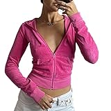 Luckinbaby Women’s Casual Y2k Zip Up Crop Top Hoodie Sweatshirt Vintage Graphic Print Hooded Jacket Aesthetic Streetwear(Velvet Pink,S)